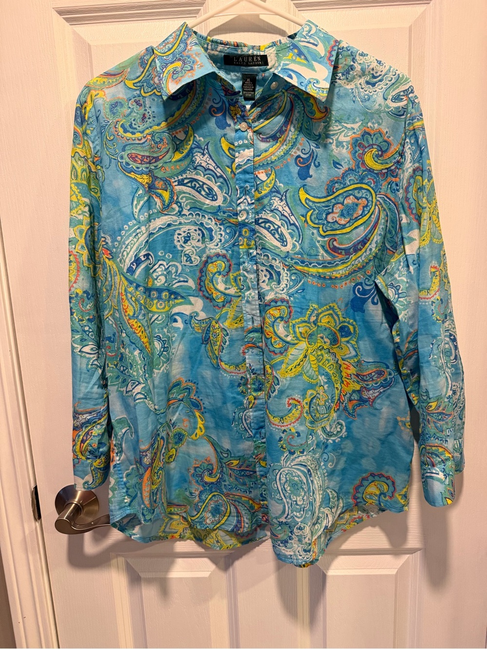 Ralph Lauren Blue Paisley Button-Down Shirt with Yellow Accents